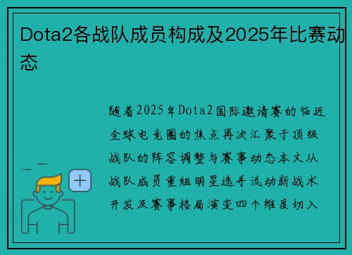 Dota2各战队成员构成及2025年比赛动态
