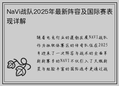 NaVi战队2025年最新阵容及国际赛表现详解