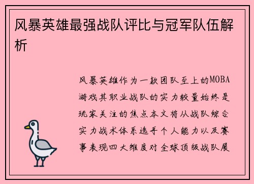 风暴英雄最强战队评比与冠军队伍解析